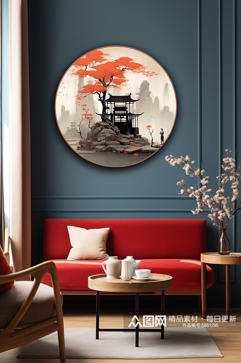 手绘亭子水墨中国风室内装饰画素材