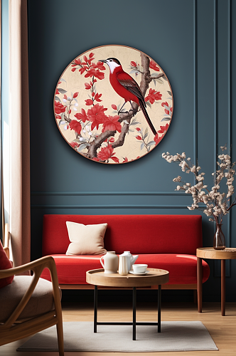 中国风工笔梅花树枝花鸟室内装饰画