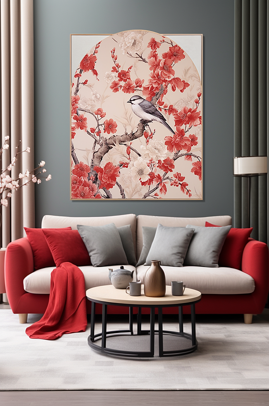 中国风梅花树枝花鸟室内装饰画-众图网