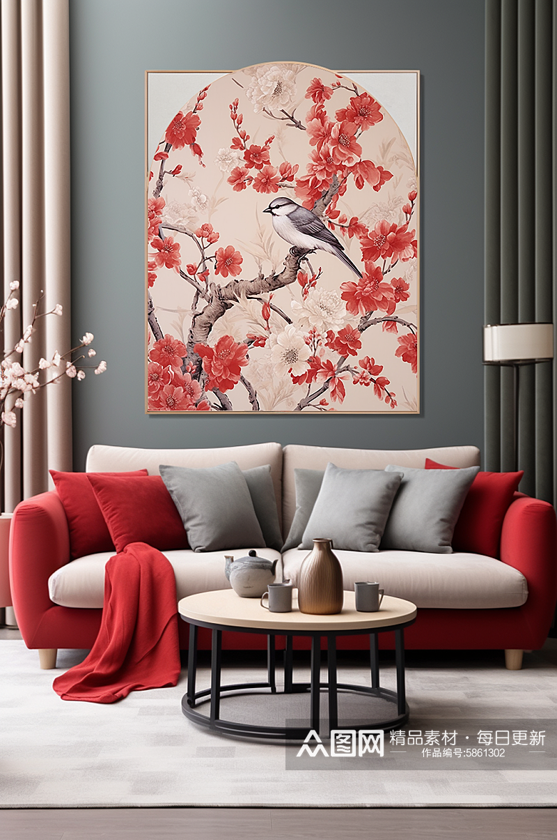 中国风梅花树枝花鸟室内装饰画素材