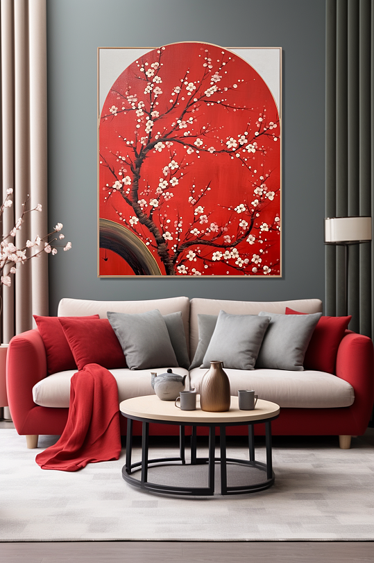 中式红色梅花客厅装饰画