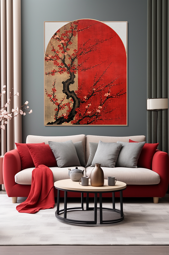 中式红色梅花客厅装饰画
