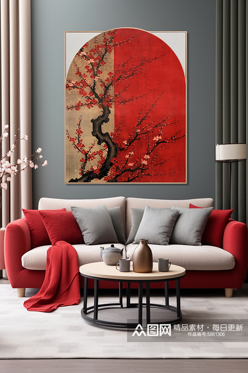 中式红色梅花客厅装饰画素材