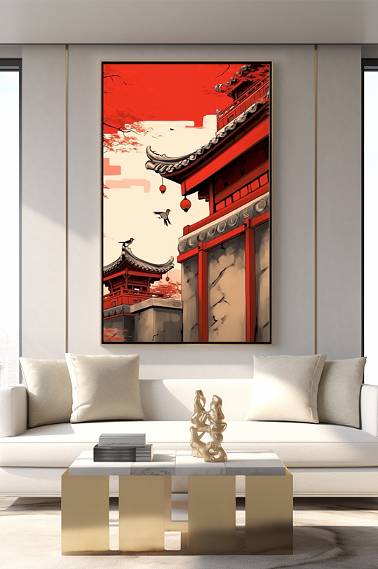 新中式中国风红墙屋檐客厅装饰画