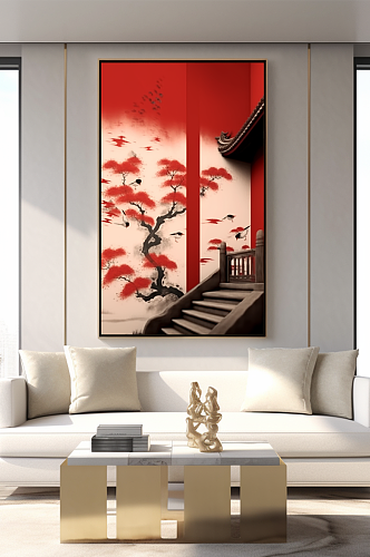 新中式中国风红墙屋檐客厅装饰画