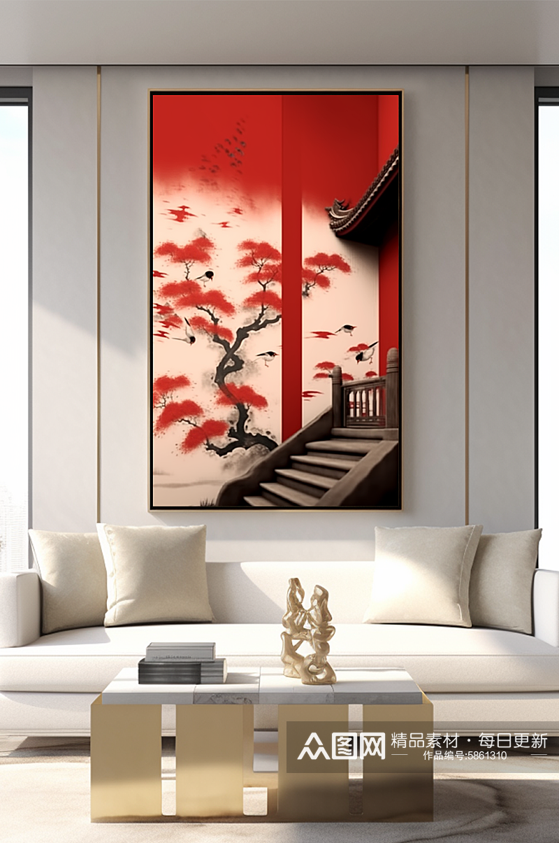 新中式中国风红墙屋檐客厅装饰画素材