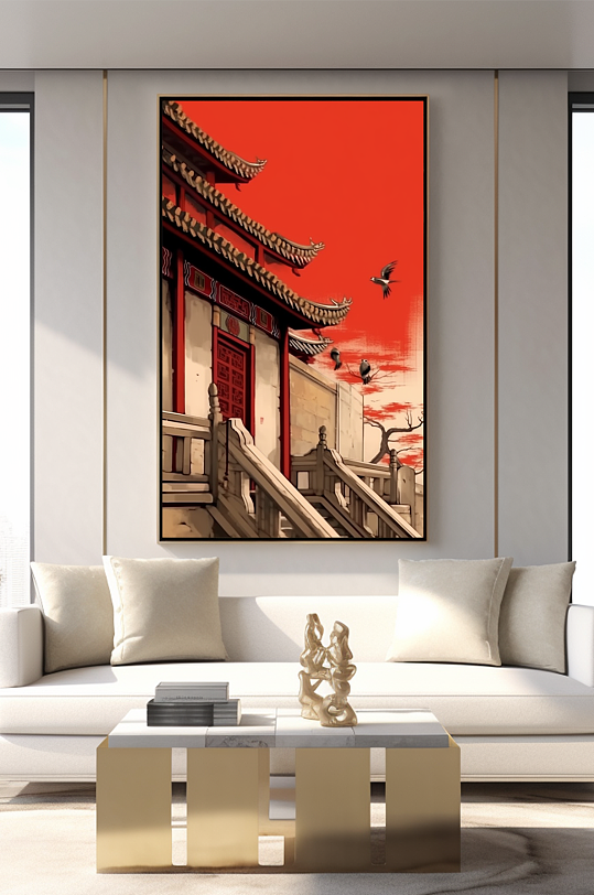 简约中国风红墙屋檐客厅装饰画