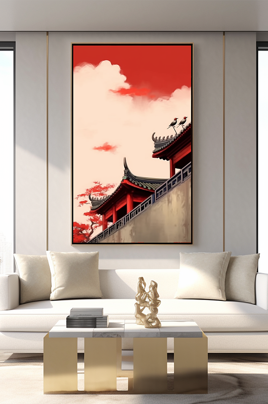 古典中国风红墙屋檐客厅装饰画