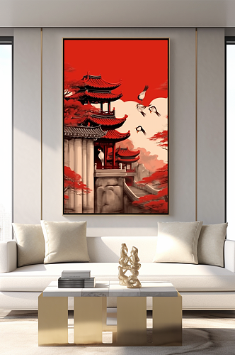 简约中式中国风红墙屋檐客厅装饰画
