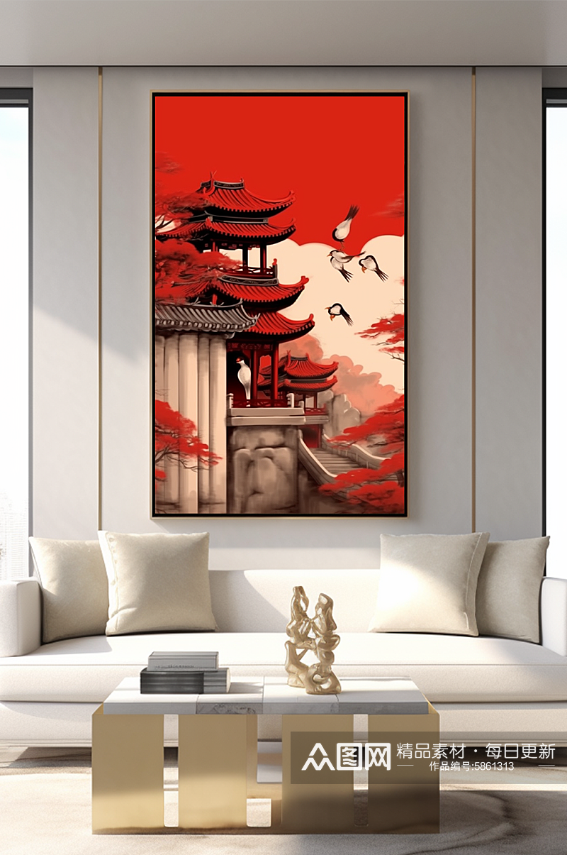 简约中式中国风红墙屋檐客厅装饰画素材