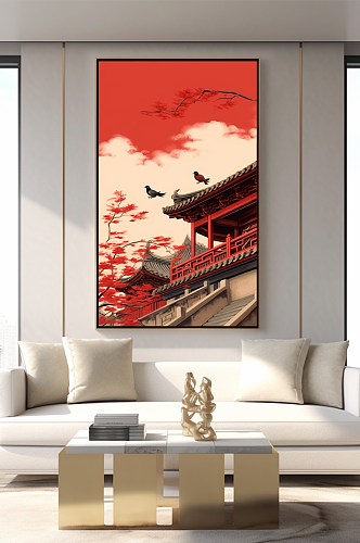 中式中国风红墙屋檐客厅装饰画