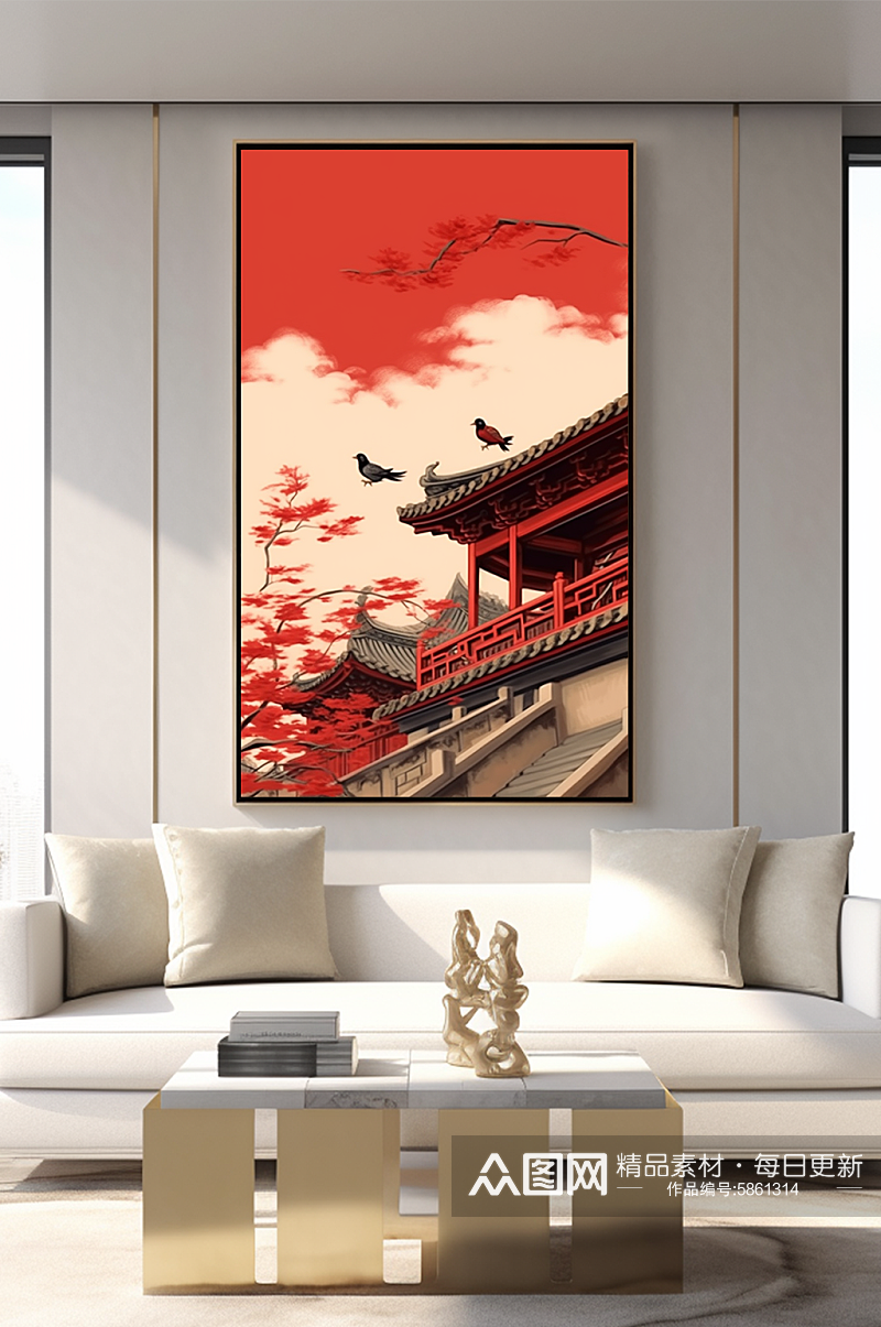 中式中国风红墙屋檐客厅装饰画素材