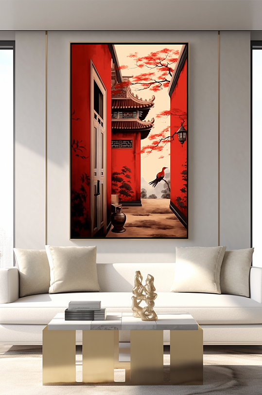 中式古典中国风红墙屋檐客厅装饰画