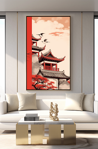 中式中国风红墙屋檐客厅装饰画