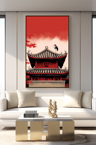 中式古典中国风红墙屋檐客厅装饰画