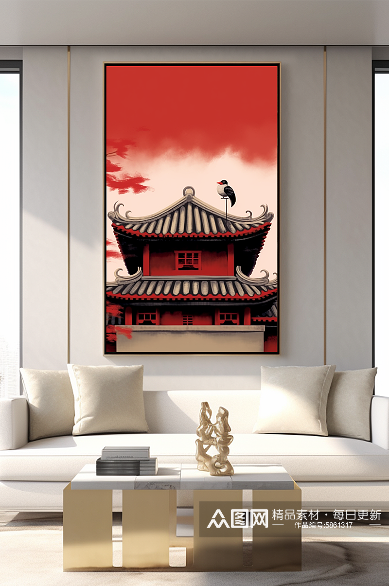 中式古典中国风红墙屋檐客厅装饰画素材