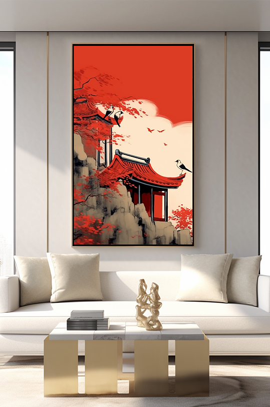轻奢中式中国风红墙屋檐客厅装饰画