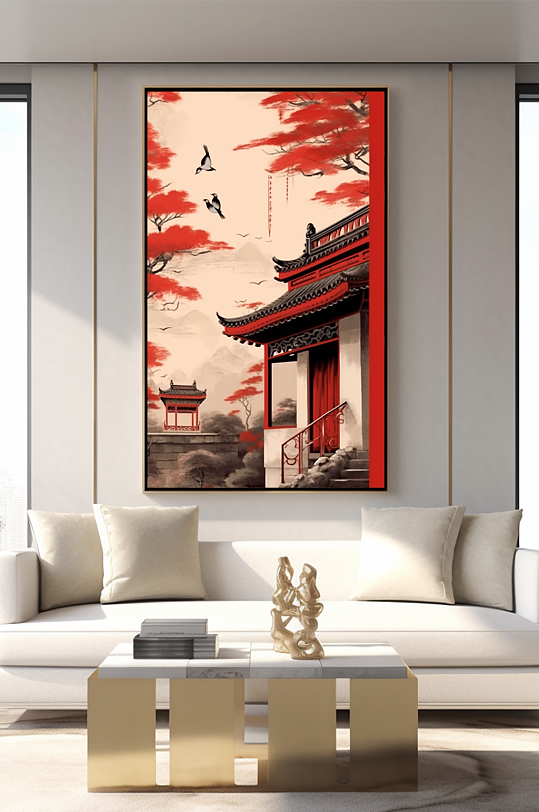 简约中式中国风红墙屋檐客厅装饰画