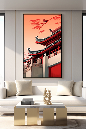 古典中式中国风红墙屋檐客厅装饰画