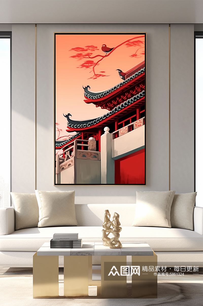 古典中式中国风红墙屋檐客厅装饰画素材