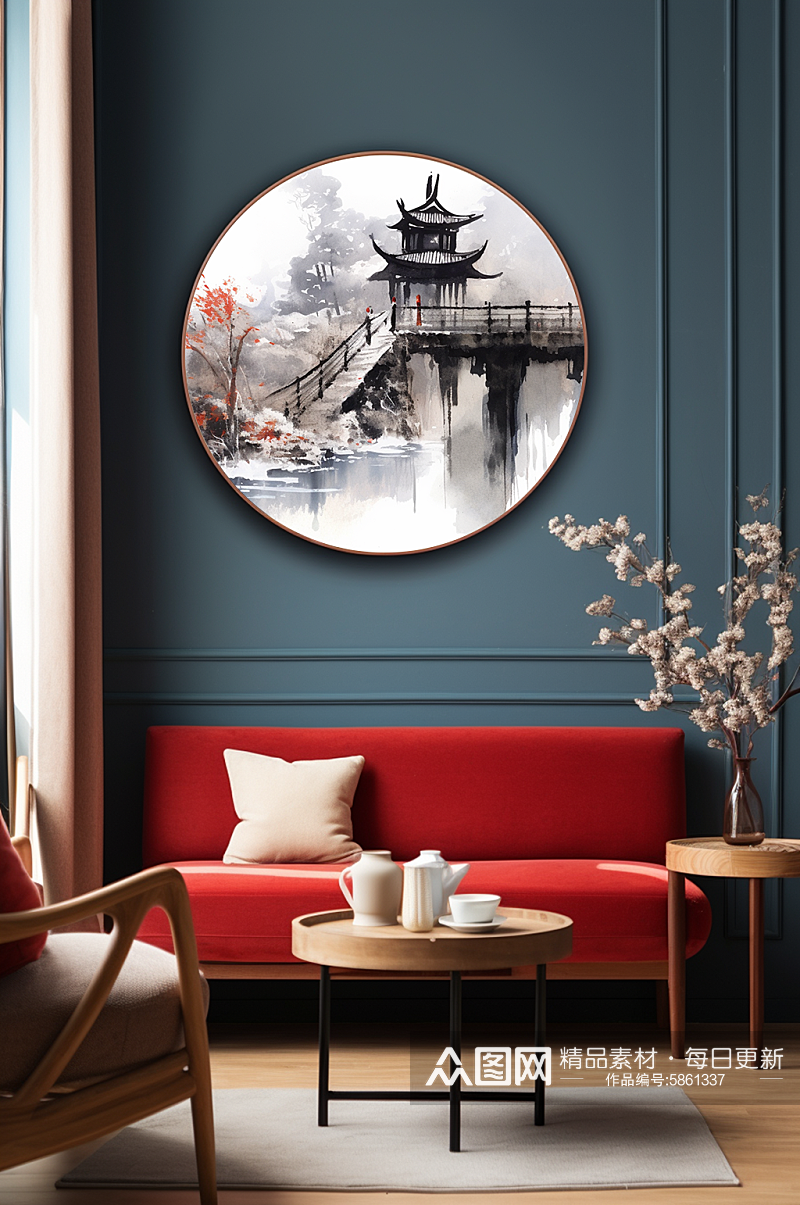 手绘阁楼水墨中国风室内装饰画素材
