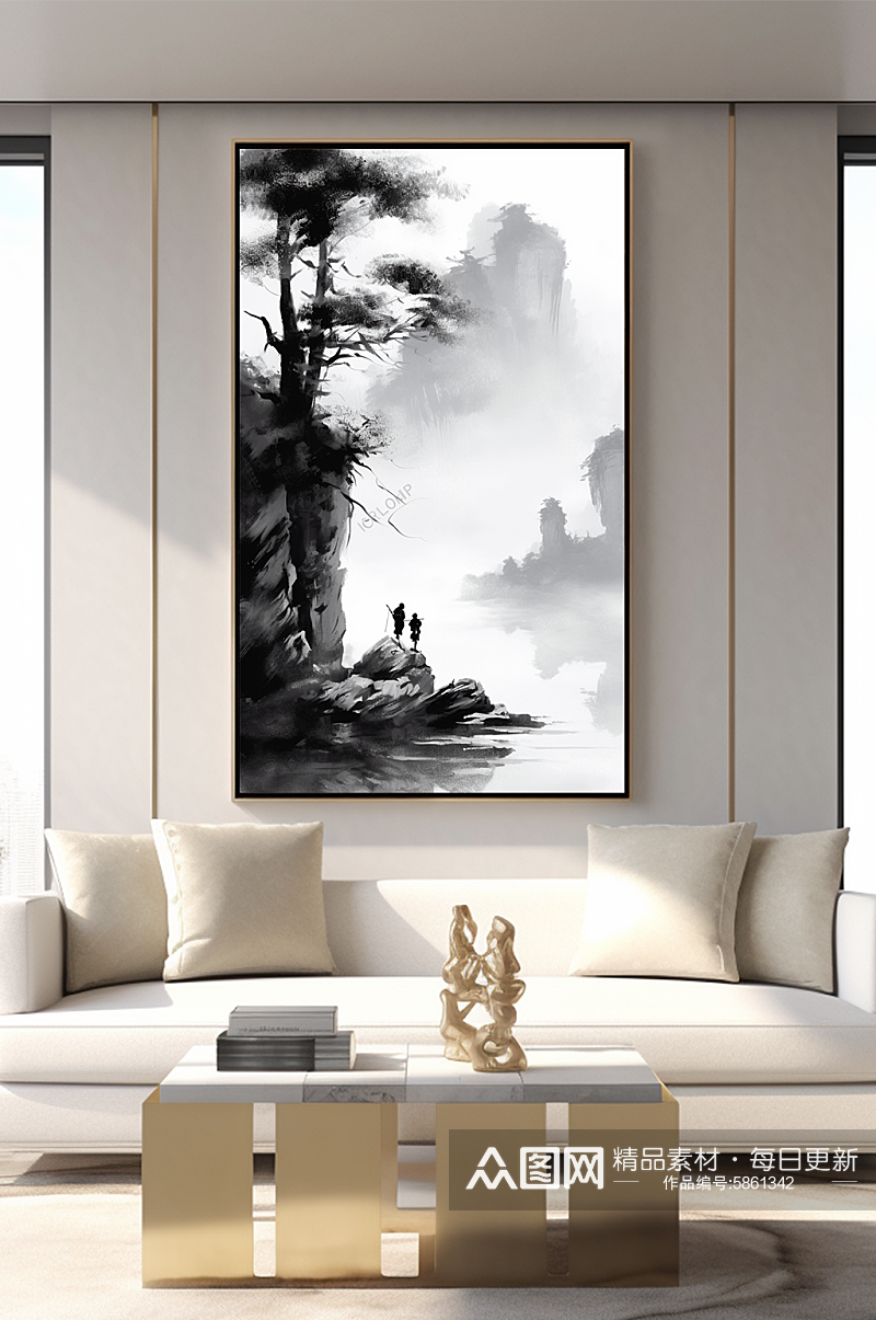 手绘山水水墨中国风室内装饰画素材