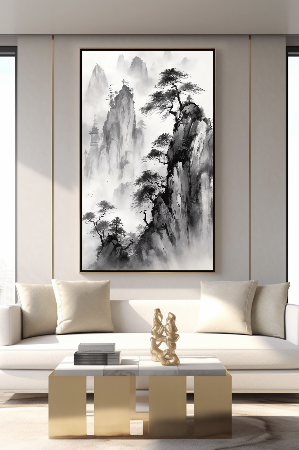 手绘黑白水墨中国风室内装饰画素材