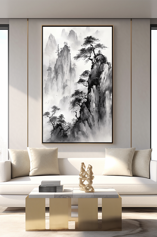 手绘黑白水墨中国风室内装饰画