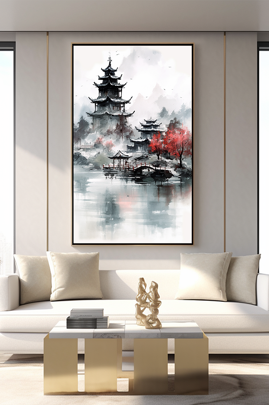 手绘阁楼水墨中国风室内装饰画-众图网