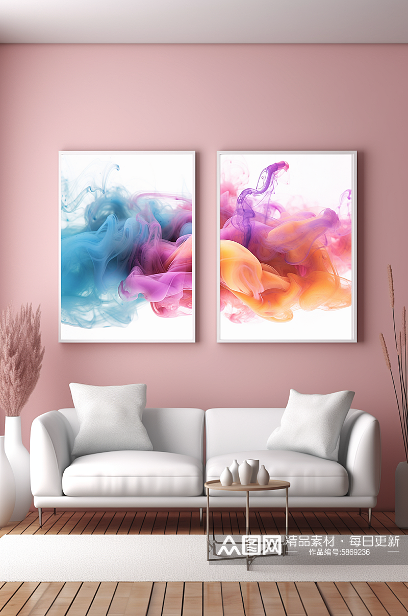 渐变粉色彩色烟雾抽象客厅装饰画素材