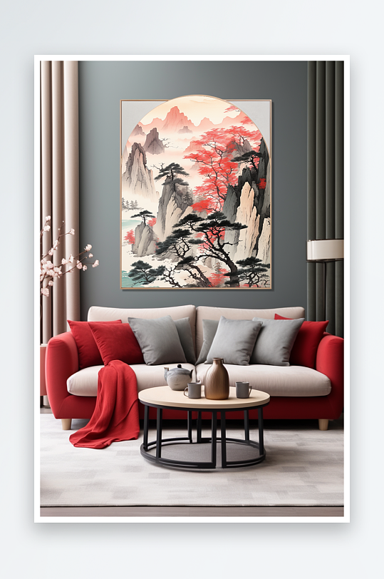 中国风红色轻奢鸿运当头山水画装饰画-众图网