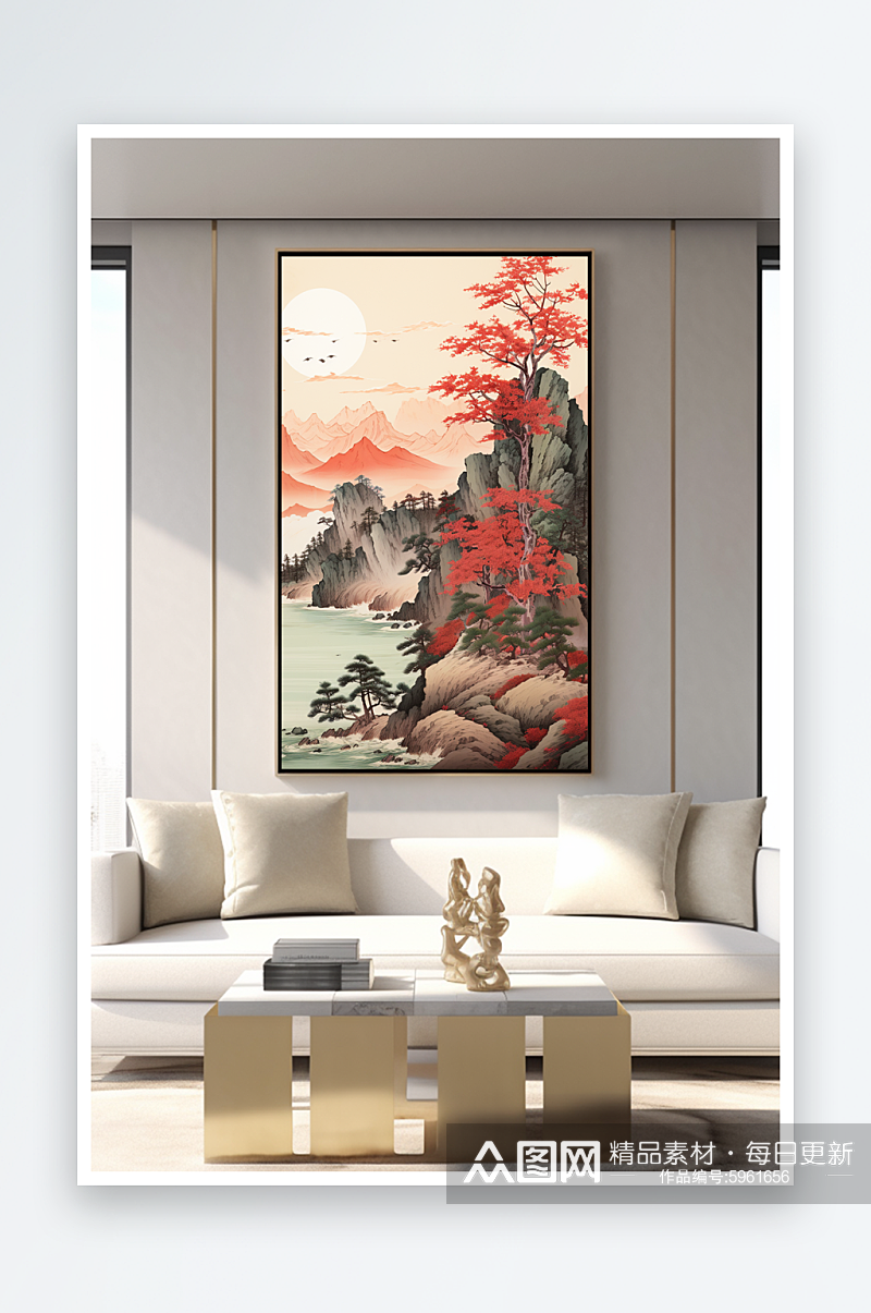 山水画红色中国风轻奢鸿运当头装饰画素材