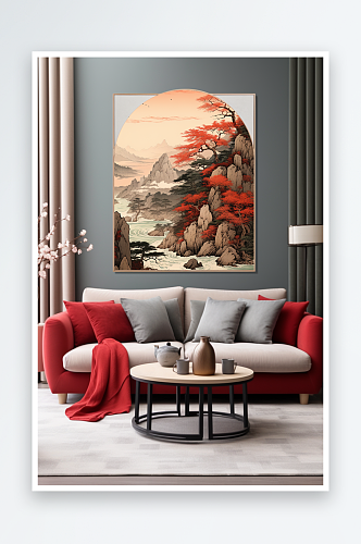 红色中国风轻奢鸿运当头山水画装饰画