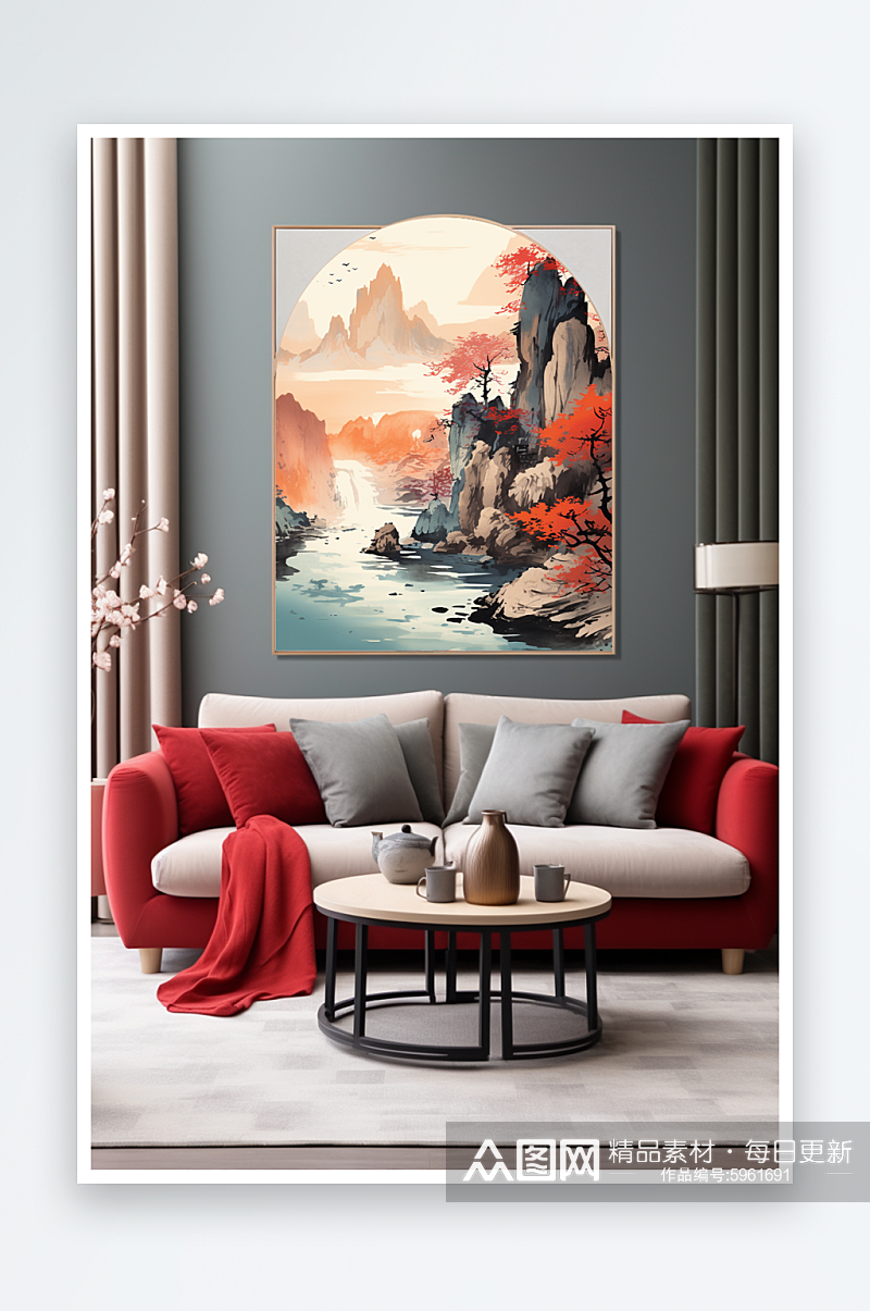 轻奢红色中国风鸿运当头山水画装饰画素材