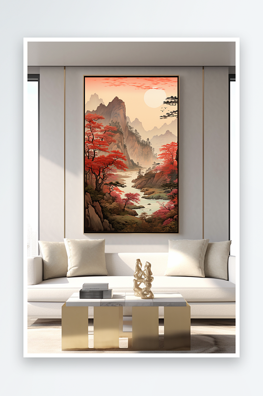 中国风鸿运当头红色山水画装饰画