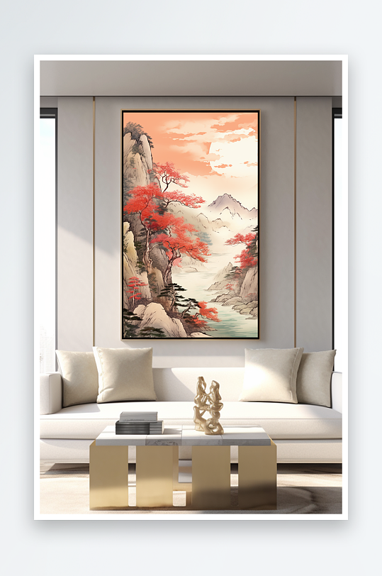 复古中国风鸿运当头红色山水画装饰画