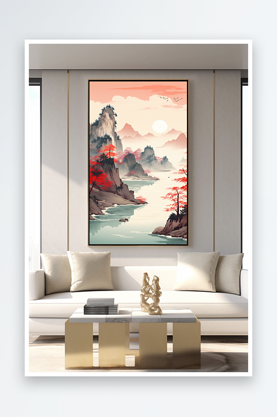 鸿运当头中国风红色山水画装饰画-众图网