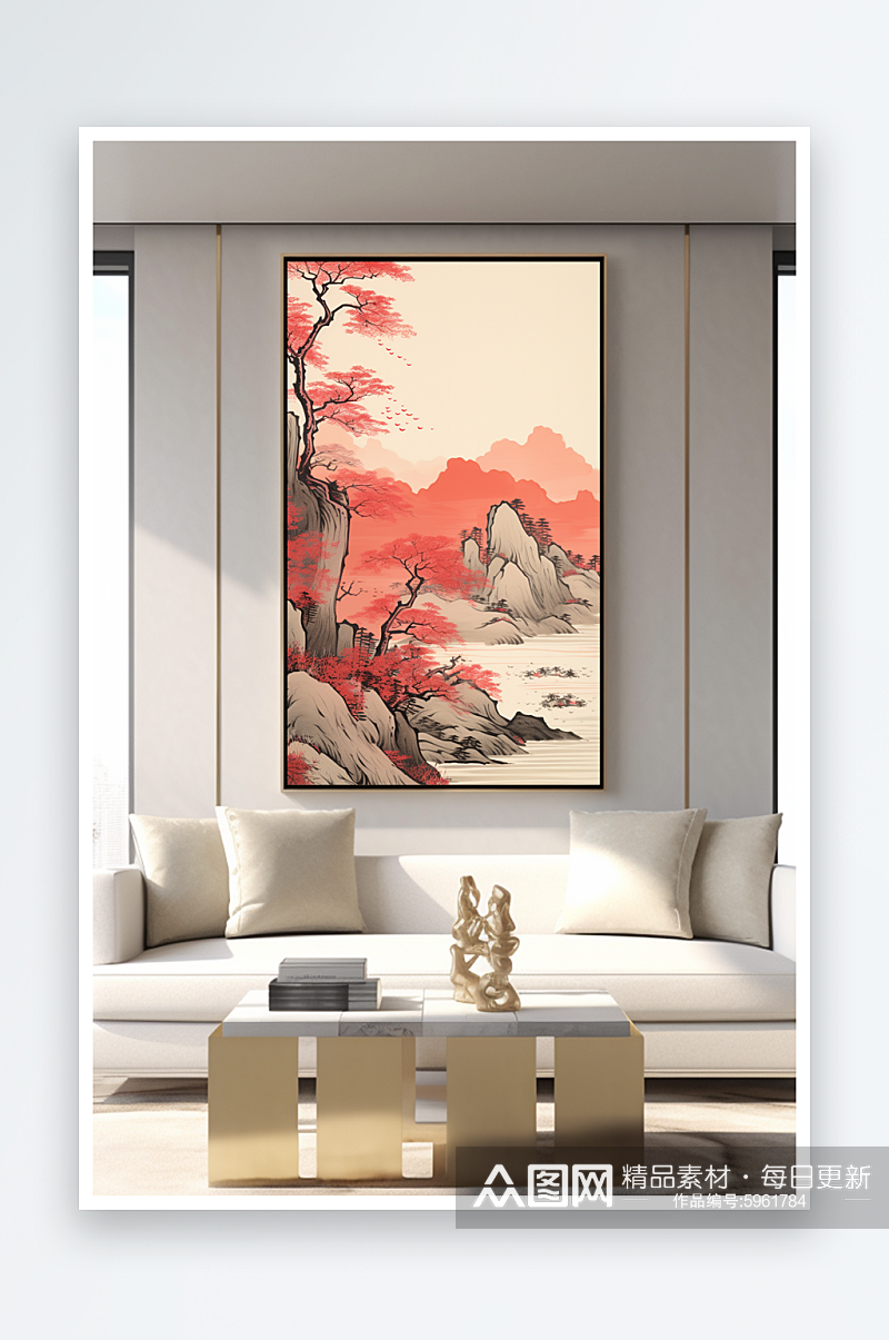 红色中国风轻奢鸿运当头山水画装饰画素材