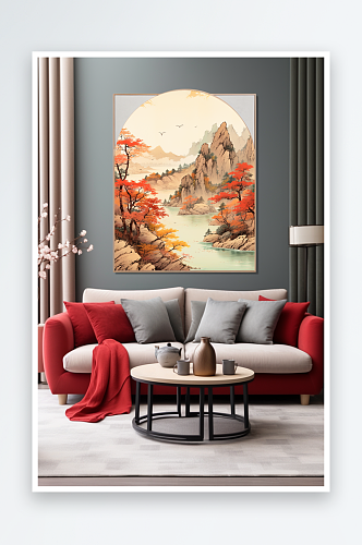 中国风鸿运当头红色山水画装饰画