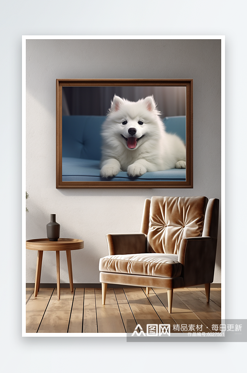微笑萨摩耶可爱小狗摄影图室内装饰画素材