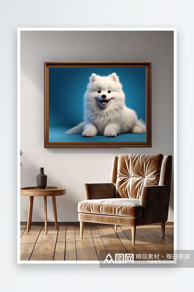 微笑萨摩耶可爱小狗摄影图室内装饰画素材