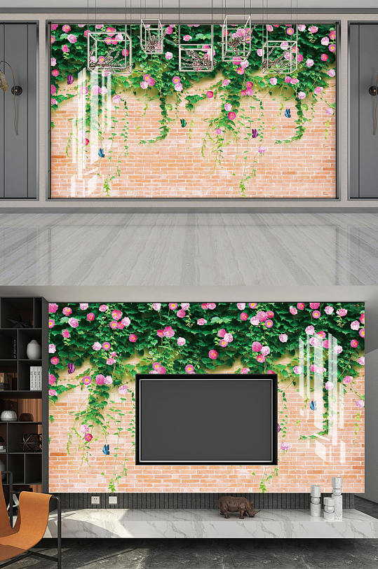 3D砖墙玫瑰背景图