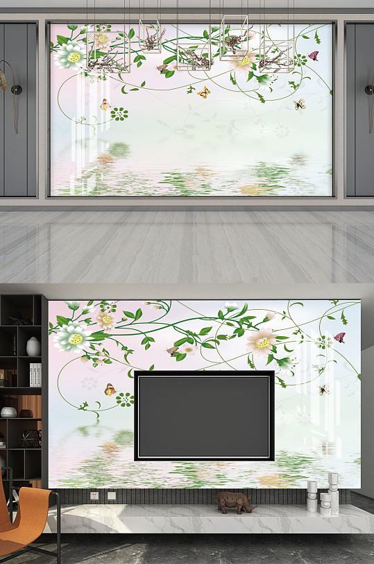 中式花卉电视背景墙