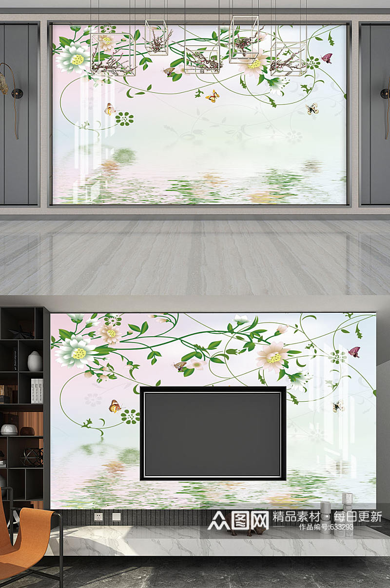 中式花卉电视背景墙素材