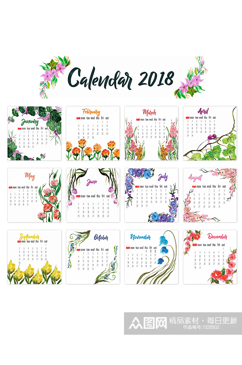 手绘花卉日历设计素材