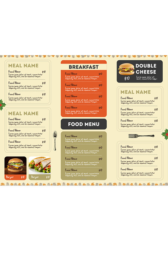 时尚快餐汉堡菜单宣传单三折页