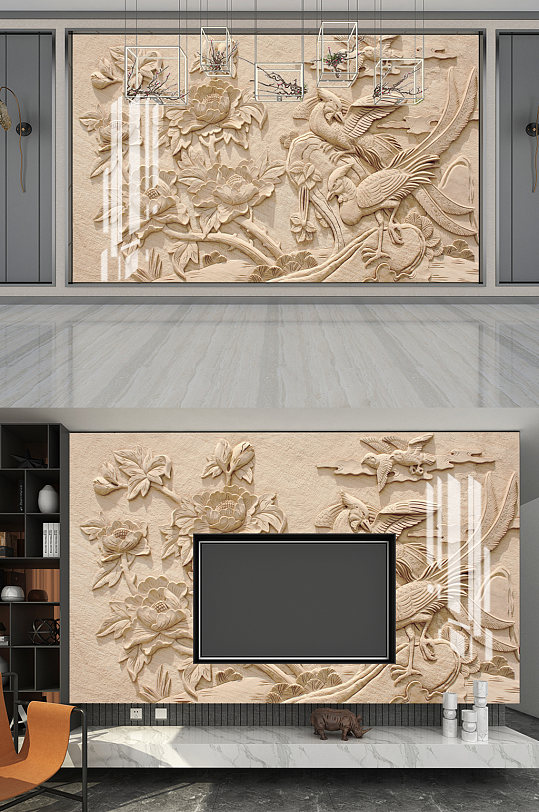 3D立体木雕凤凰牡丹图图片-众图网