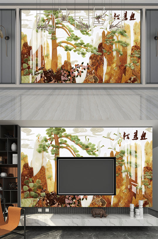 3D玉雕迎客松电视墙 墙绘图案-众图网