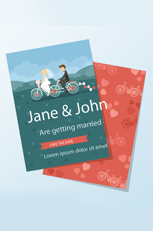 漂亮的夫妇和自行车婚礼邀请卡模板图片