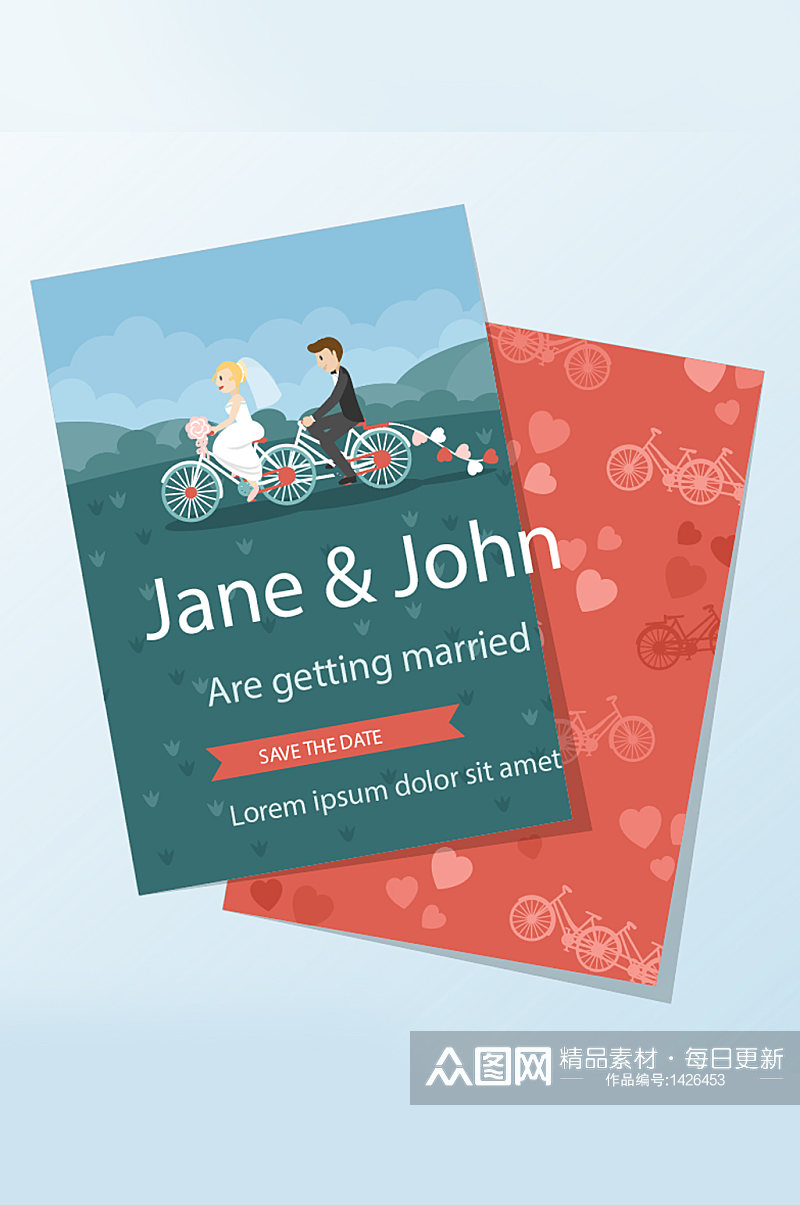 漂亮的夫妇和自行车婚礼邀请卡模板图片素材